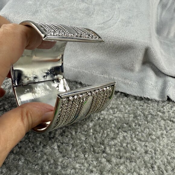 Wide Silver-Tone Hinged Cuff Bracelet Textured Chain Detail Women Boho Gypsy - Picture 9 of 16